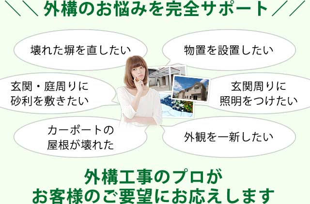 外構のお悩みを完全サポート,壊れた塀を直したい,玄関・庭周りに砂利を敷きたい,カーポートの屋根が壊れた,物置を設置したい,玄関周りに照明をつけたい,外観を一新したい　外構工事のプロがお客様のご要望にお応えします